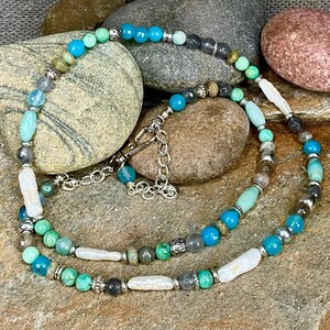 Gemstone necklace, gift for her 30” semi precious jewelry for her, beaded gemstone necklace, Labradorite and moonstone necklace for women