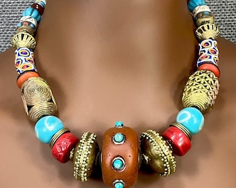 Chunky African Copal Bead Necklace: Handmade Ghana Recycled Glass, Tribal Statement Jewelry
