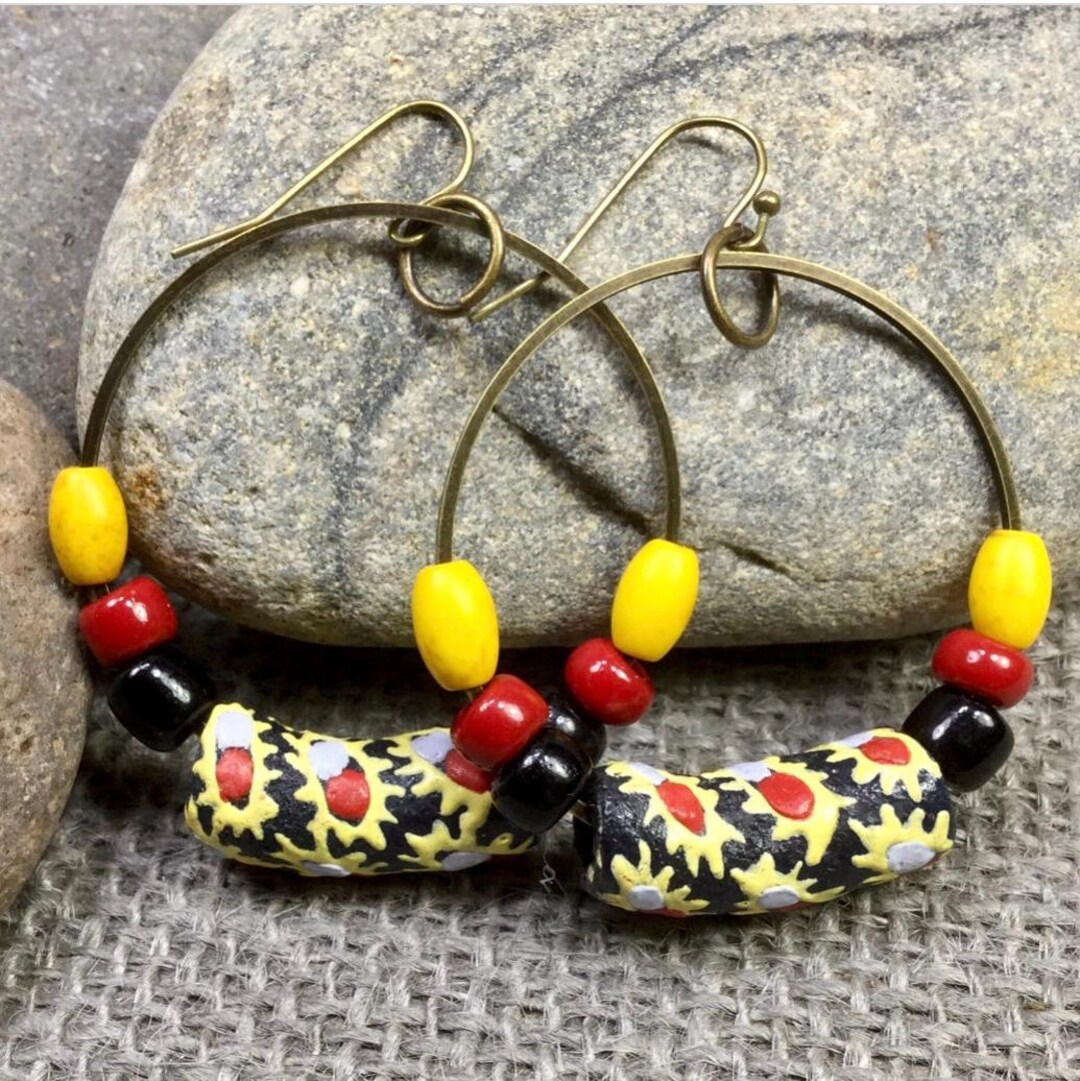 Handcrafted African Beaded Hoop Earrings - Red, Green & Black main image 1