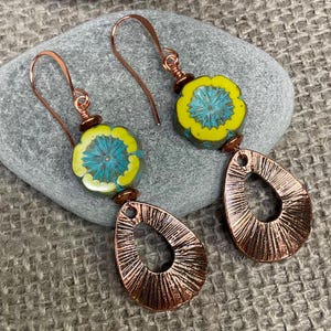 Czech Glass Flower Drop Earrings for Women, Aqua & Lime Czech Glass Textured Copper Earrings gift for Her, handmade beaded Copper Jewelry