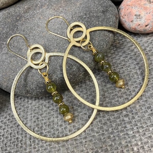 Matte Gold Hoop Earrings with peridot beads, contemporary gemstone, jewelry gift for her, graceful statement, designer earrings for women