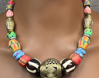 African Krobo Beaded Necklace: Recycled Glass & Brass, Handmade Ghana Jewelry