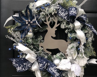 blue reindeer wreath blue christmas wreath for front door holiday wreath winter wreath blue and silver christmas decor - Silver And Blue Christmas Decorations blue reindeer wreath blue christmas wreath for front door holiday wreath winter wreath blue and silver christmas decor - Silver And Blue Christmas Decorations