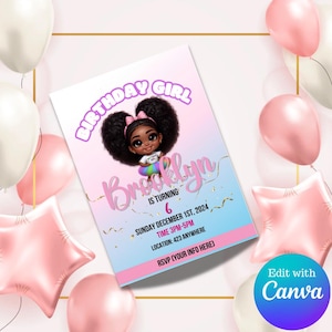 Afro Hauch Mädchen Geburtstagseinladung - Media Flyer - Happy Birthday - Bearbeitbarer Kindergeburtstag Flyer | Afro Puff Mädchen PNG