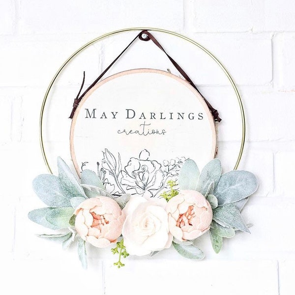 Farmhouse Shabby Chic Floral Wall Hoop, White Washed Wood Hoop or Gold, Felt Floral Wreath, Shabby Chic Hoop, Peony Lambs Ear Hoop