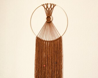 Modern Gold Macrame Dreamcatcher Wall Hanging | Red, Black, Brown Beads, Wood Hoop | Gold-colored Hoop | Mustard Wool Fringe | Gift Idea