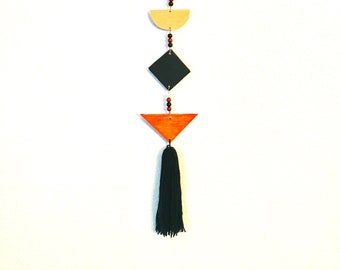 Geometric Black Gold Orange Beaded Tassel Wall Decor | Canvas Wood Painted Shapes | Brass Hanger | Copper | Mobile Wool Tassel | Gift Idea