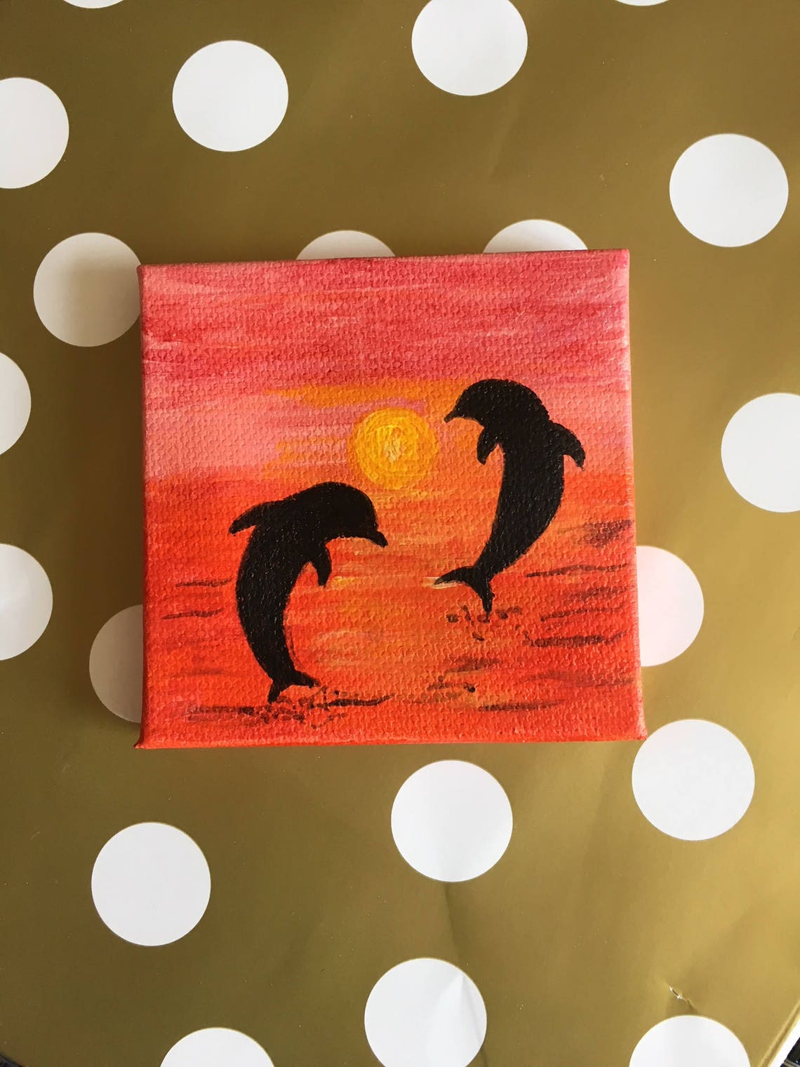 Dolphins at Sunset Couple Tiny Canvas Painting - Acrylic - Engagement ...