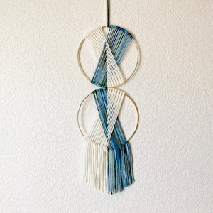 Geometric Dreamcatcher Woven Wall Decor | Gold Metal Hoop | Blue and White Yarn | Boho Chic Gift Idea | Gifts for Her