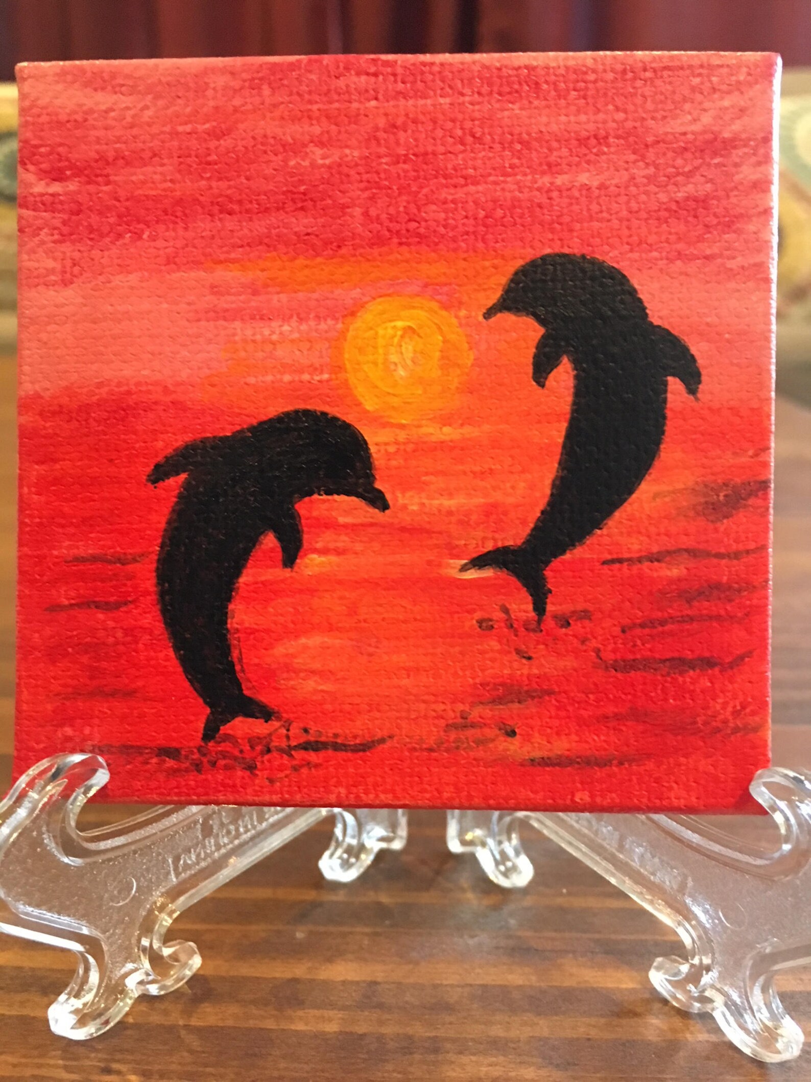 Dolphins at Sunset Couple Tiny Canvas Painting - Acrylic - Engagement ...