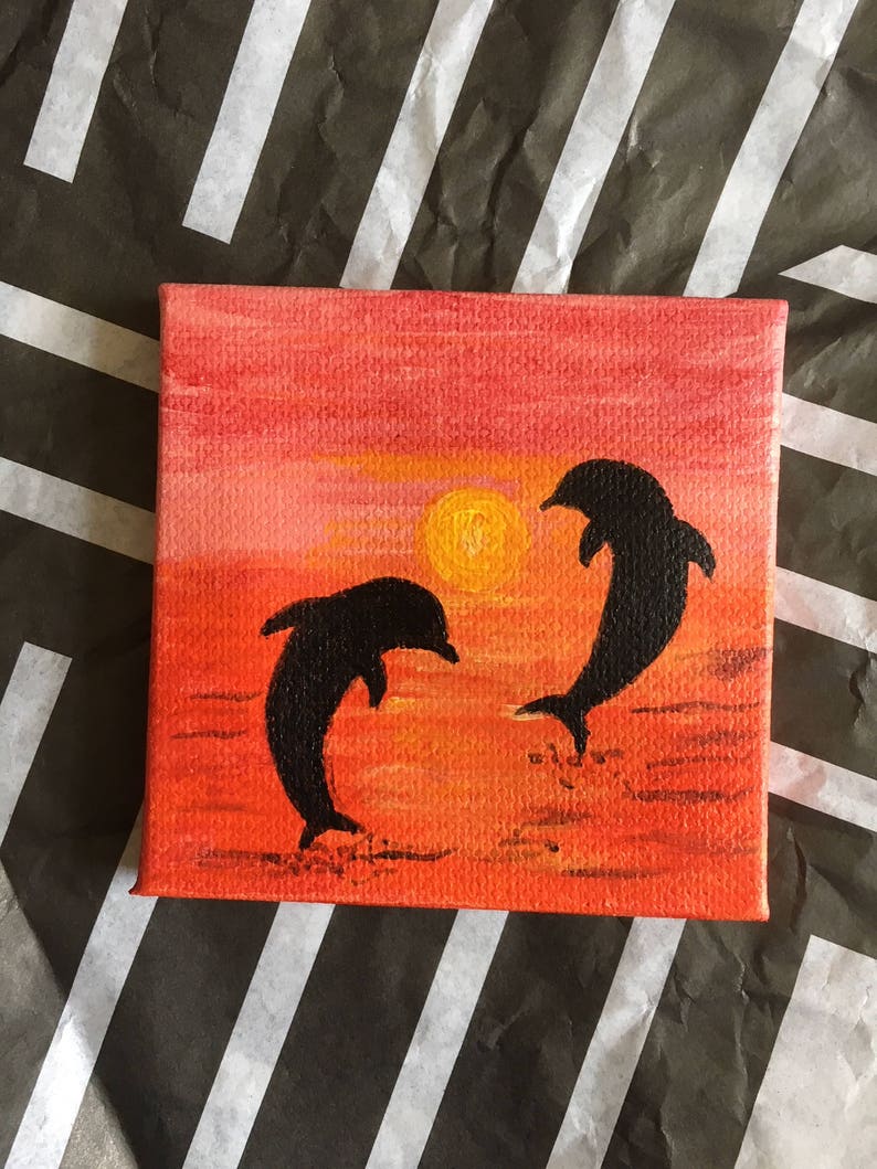 Dolphins at Sunset Couple Tiny Canvas Painting - Acrylic - Engagement ...
