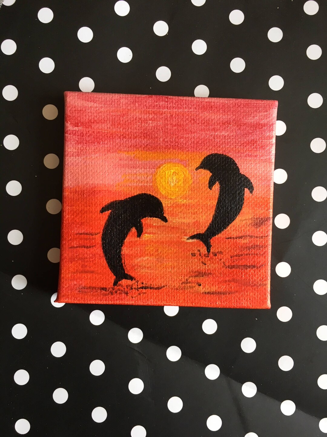 Dolphins at Sunset Couple Tiny Canvas Painting - Acrylic - Engagement ...
