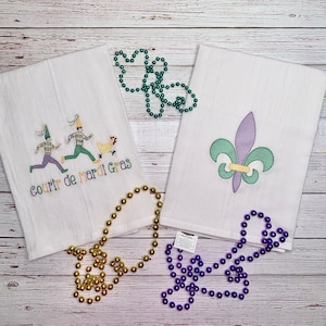 Mardi Gras Chicken Run & Fleur de Lis Tea Towels, Courir de Mardi Gras, Carnival Kitchen Decor, Cajun Home Decor, Cajun French Decorations