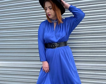 1980s Cobalt Blue Batwing Disco Dress. UK 10-14. True Vintage, Eighties, Occasion, Party, Evening, Second Hand, Preloved, UK10 UK12 UK14