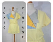 VINTAGE 1970 39 s 1980 39 s Baby Yellow, Grey, Blue Textured SPORTS MINI Dress. Uk Size S. Retro, Eighties, Kitsch, Cute, Funky, Quirky, Preppy