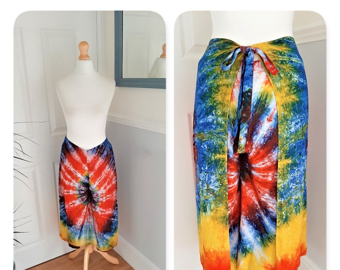 Hippie Quirky Unique Boho Retro One Size Ninties Holiday Funky 1990/'s Bright Multicoloured Tie Dye Wrap Sarong Style Culottes Beach