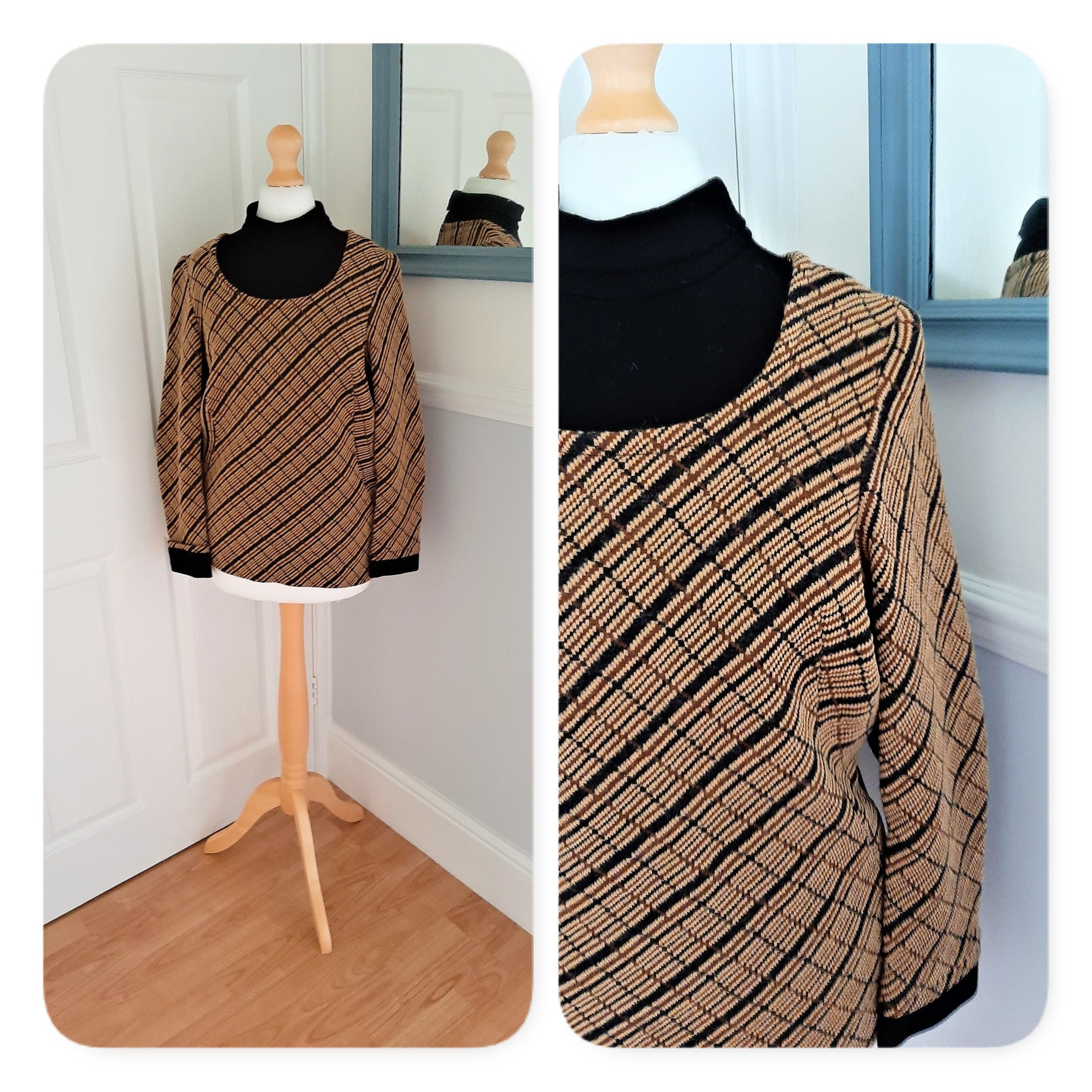 Image of Beautiful 's Tan Black Checked Roll Neck Pure New Wool Jumper. Uk Plus Size Large /x Large. Retro, Chic, Preppy, Kitsch, Elegant, Pretty