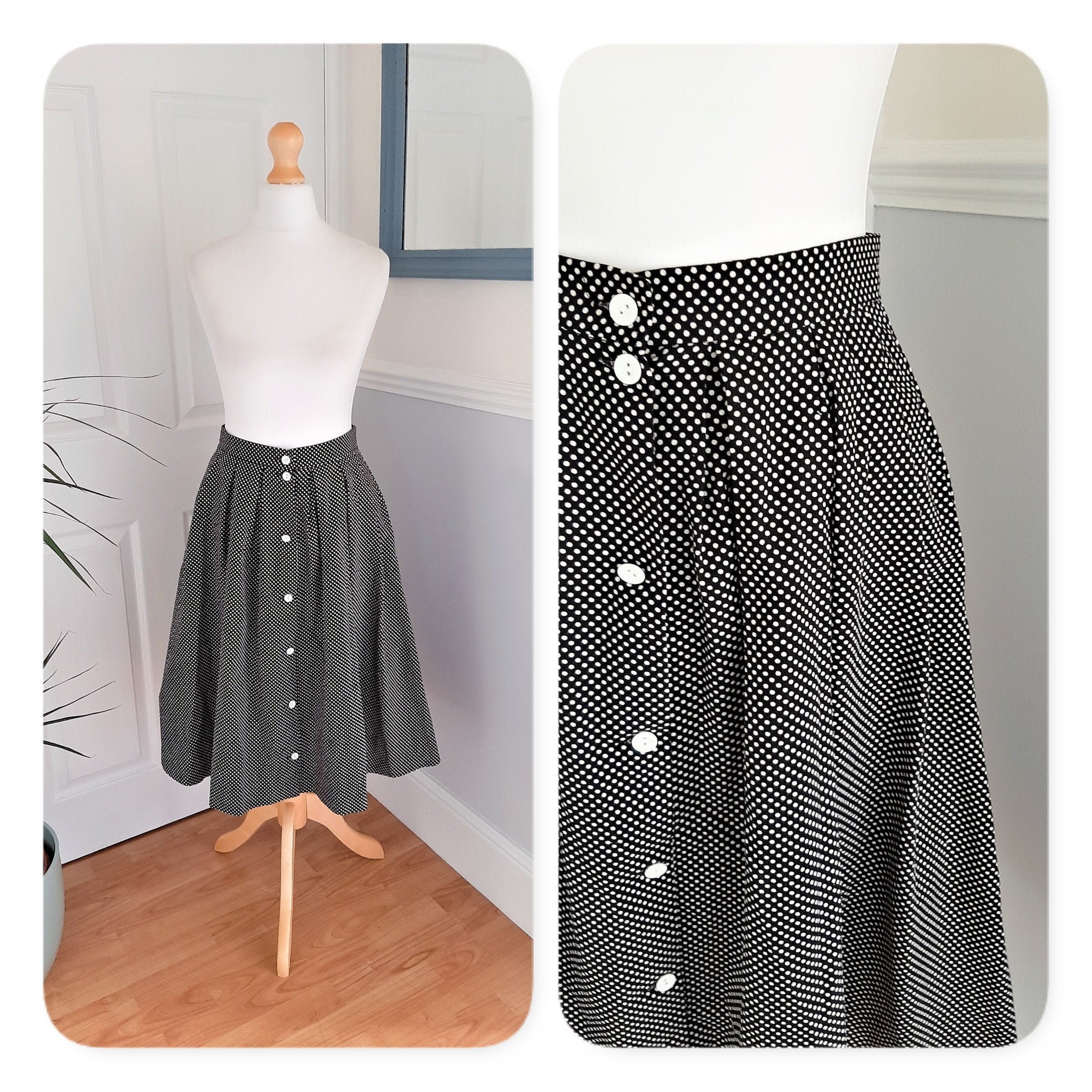 Image of Pretty 's 's Black White Polka Dot High Waisted Pleated A Line Skirt. Uk Size Small. Retro, Rockabilly, Pin Up, Mod, Twiggy, Chic