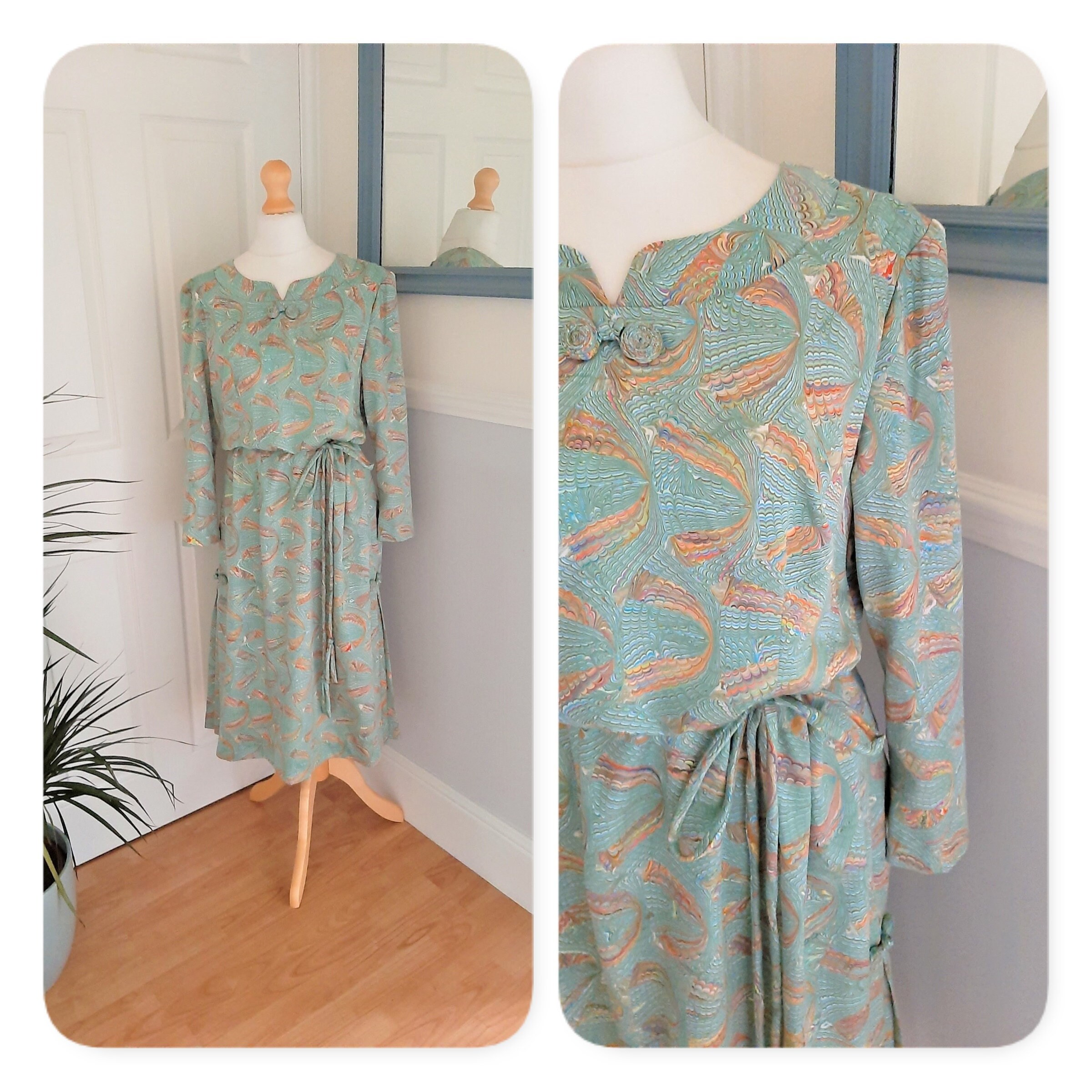 Image of Beautiful 's Pale Aqua Abstract Rainbow Print Silky Feel Tea Dress. Uk Plus Size Large. Retro, Boho, Chic, Kitsch, Preppy, Pretty, Cute