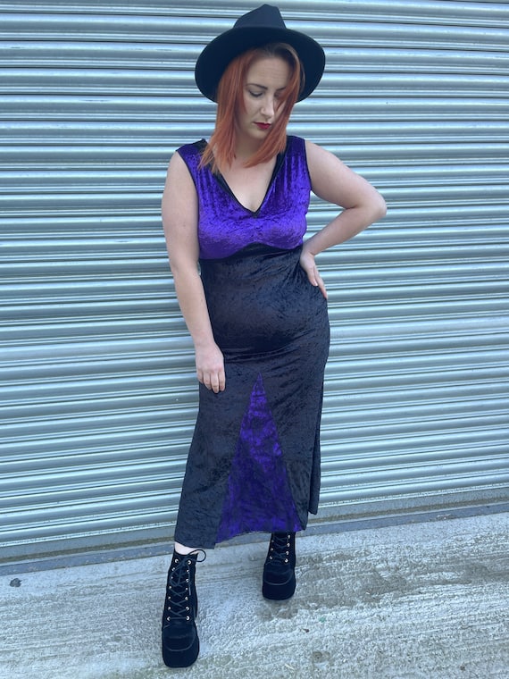 1990s Black Purple Lace Velvet Maxi Dress. UK 10-… - image 1