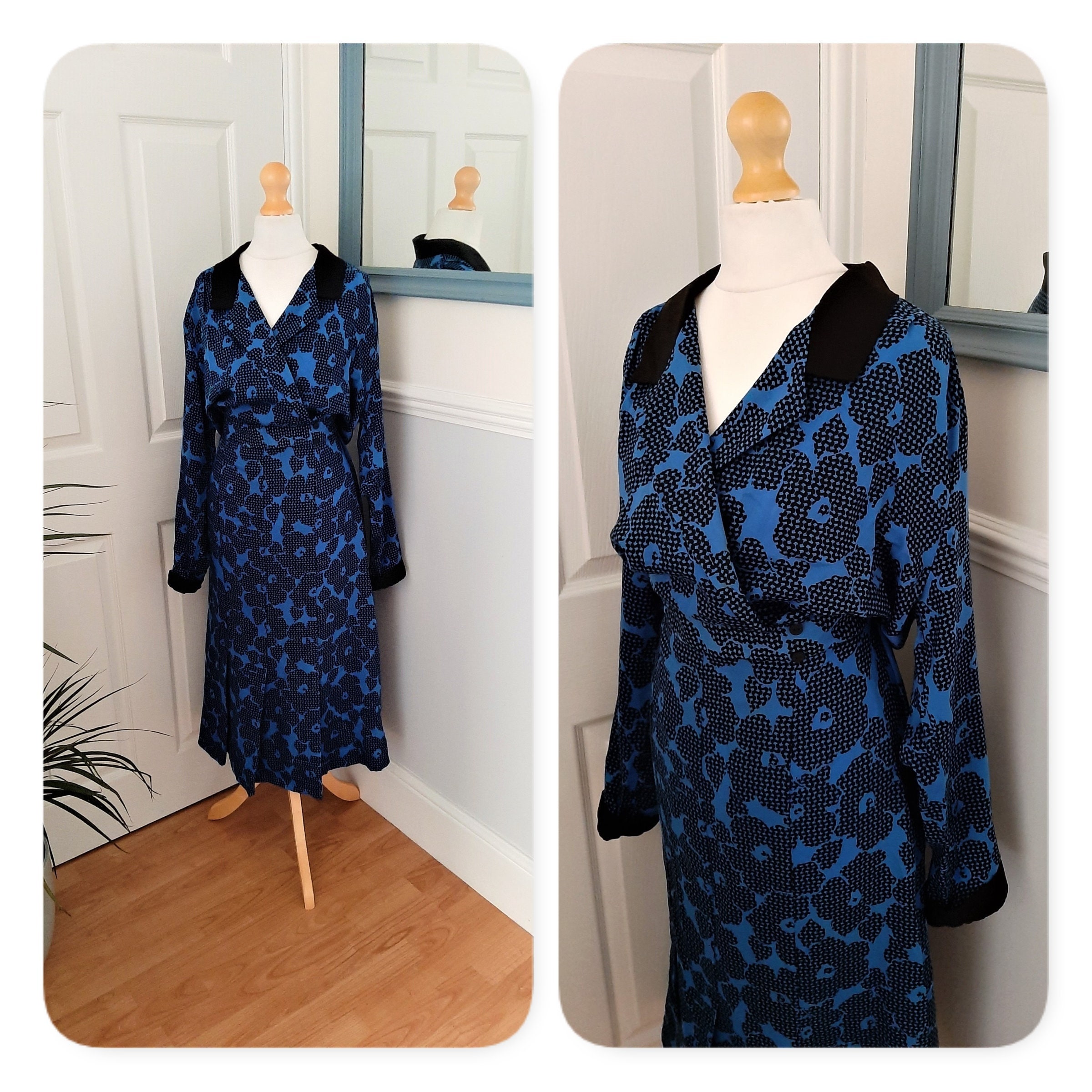 Image of Beautiful 's 's Bright Blue Spot Floral Print Collared St Michael's Midi Dress. Uk Plus Size Large /x Large. Retro, Kitsch, Chic