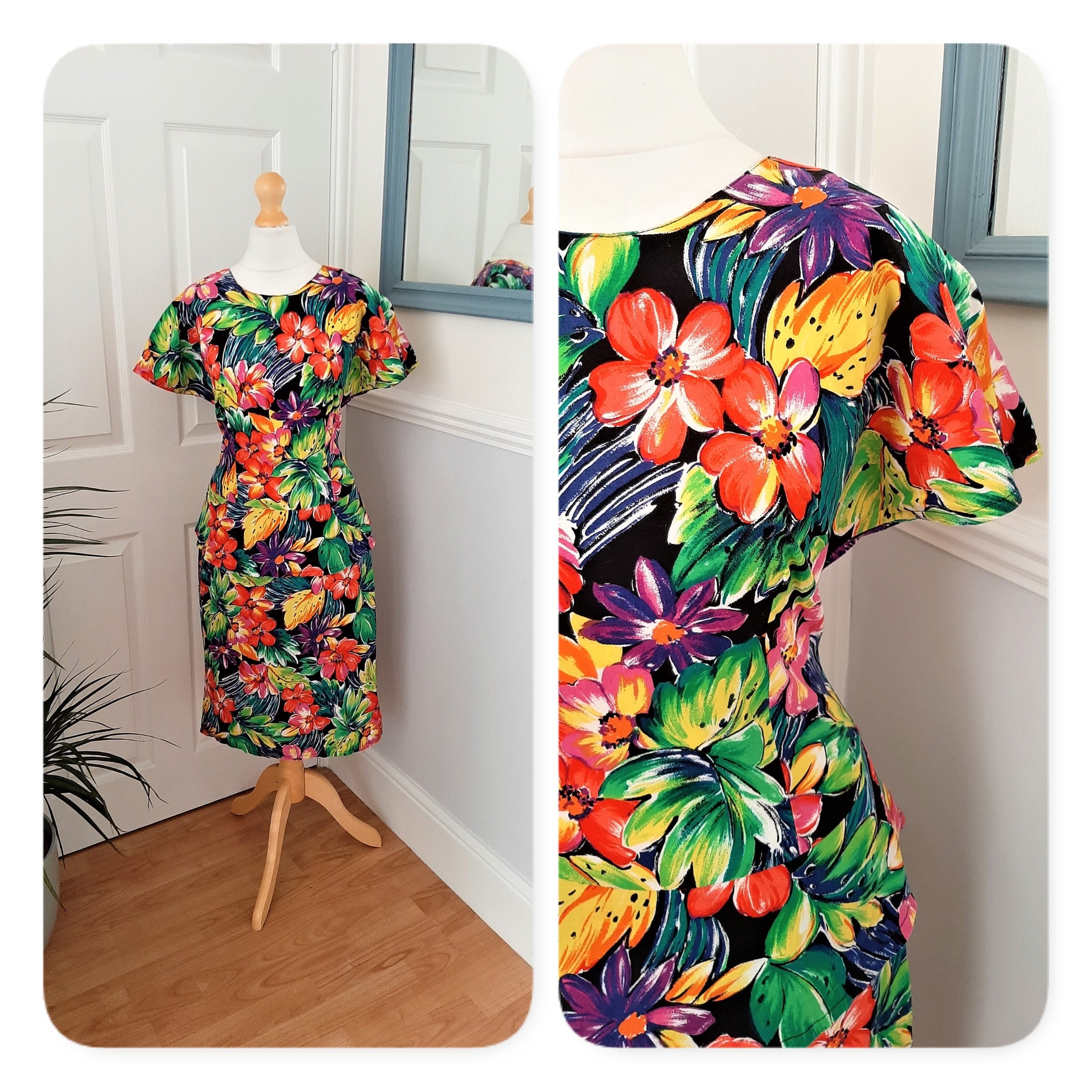 Image of Fabulous 's Bright Multicoloured Tropical Floral Print Peplum Dress. Uk Size Medium. Retro, Chic, Kitsch, Glam, Funky, Quirky, Pretty