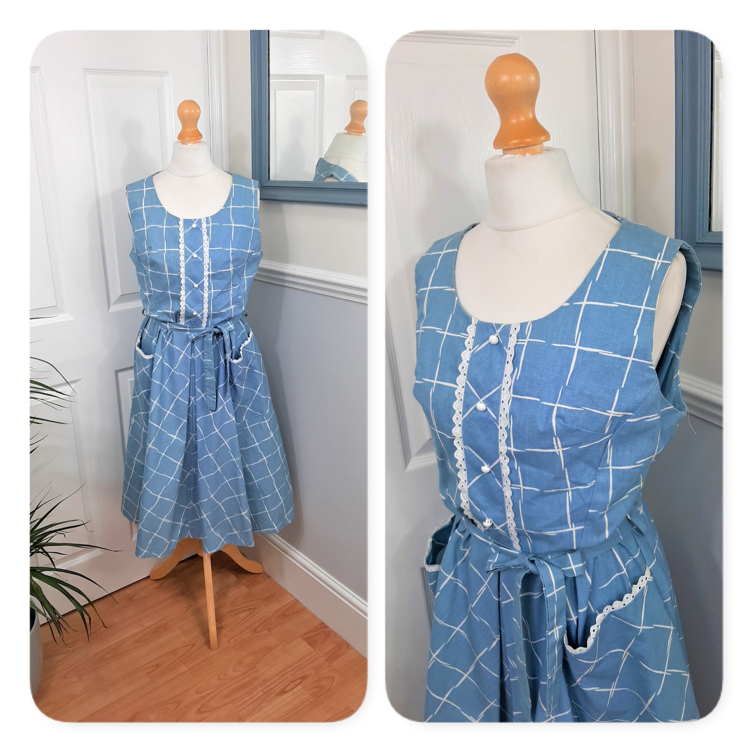 Image of Beautiful Blue S Checked Patch Pocket Tea Dress Uk S. Cute Kitsch Housewife Pretty