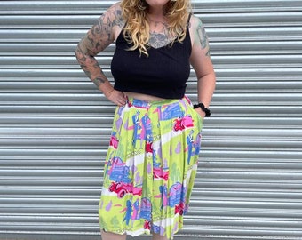 Jaren 1980 Neon Roaring 20s Express Rok. VERENIGD KONINKRIJK 10-12. True Vintage, Eighties, Slow Fashion, Eigenzinnig, Trein, Mensen, Tweedehands, Preloved UK10 UK12