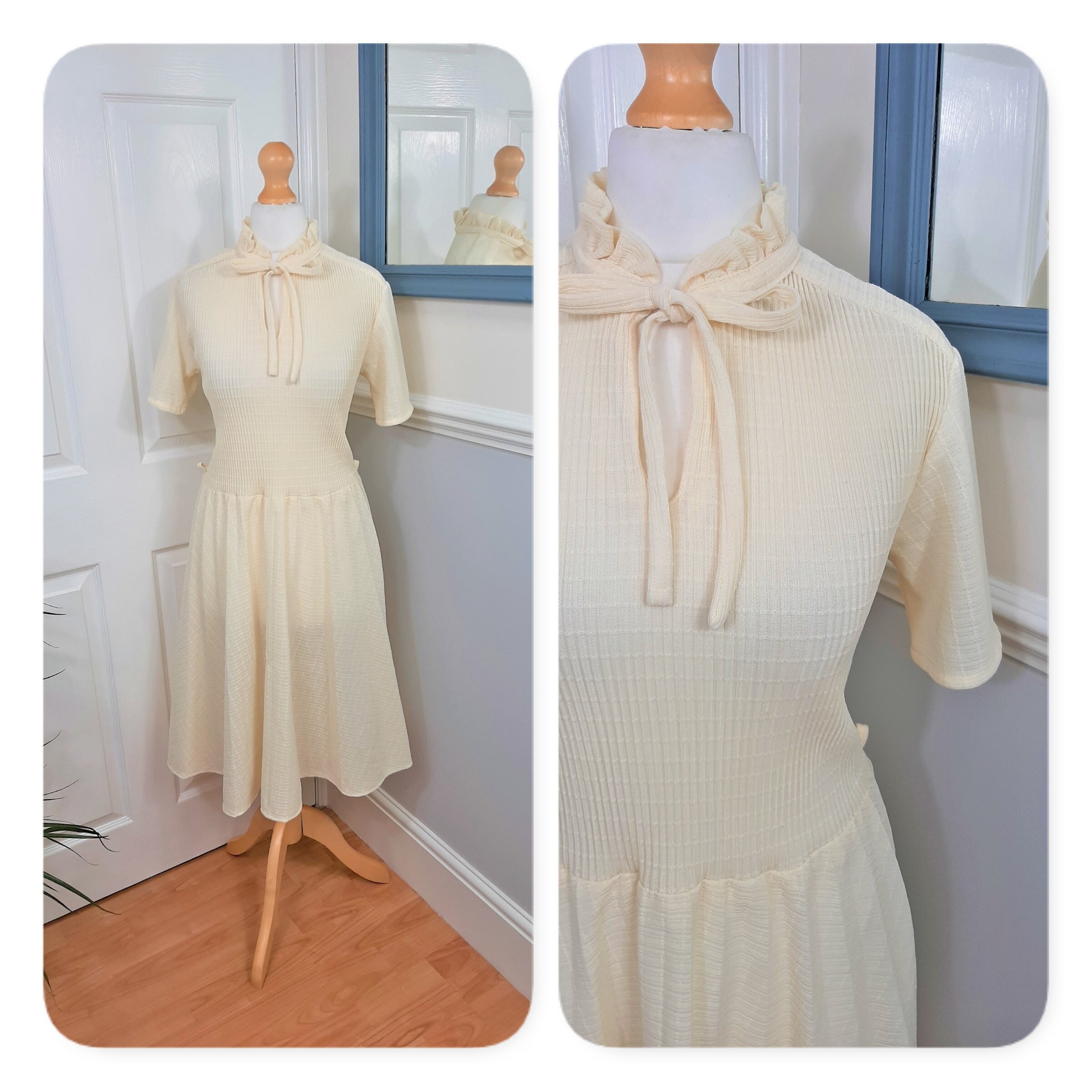 Image of Fabulous S Cream Frill Neck Ribbed Tea Dress Uk S. Retro Gogo Mod Kitsch Chic