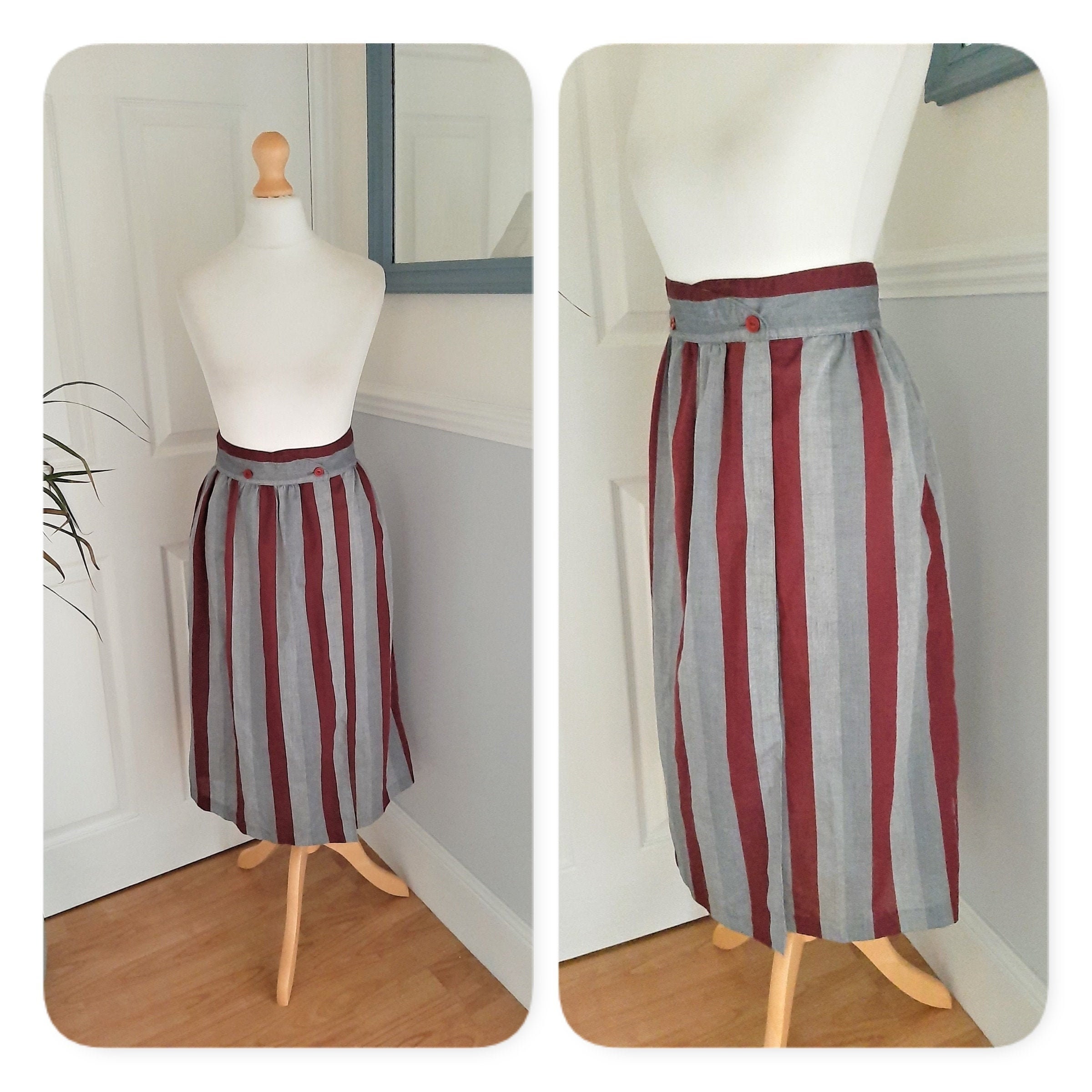 Image of Cute 's Maroon Grey Stripe High Waist Wrap Skirt. Uk Size Medium. Retro, Boho, Chic, Preppy, Kitsch, Autumnal, Smart, Office, Elegant