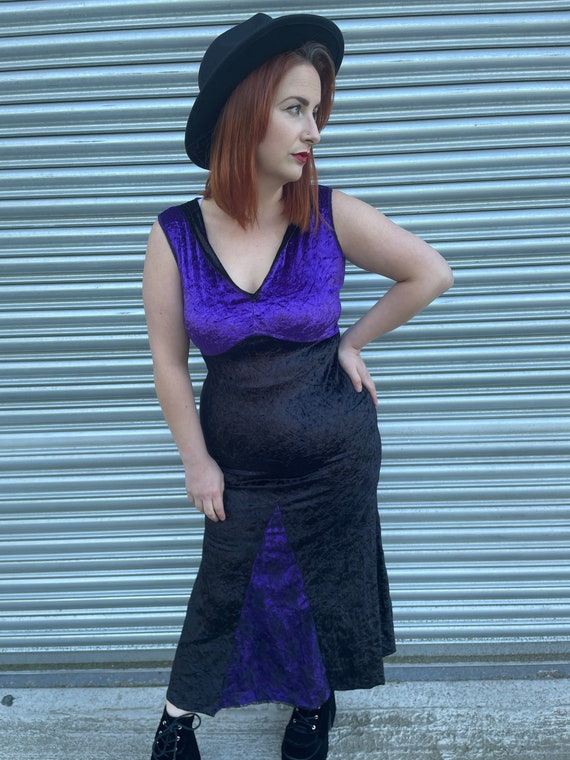 1990s Black Purple Lace Velvet Maxi Dress. UK 10-… - image 2