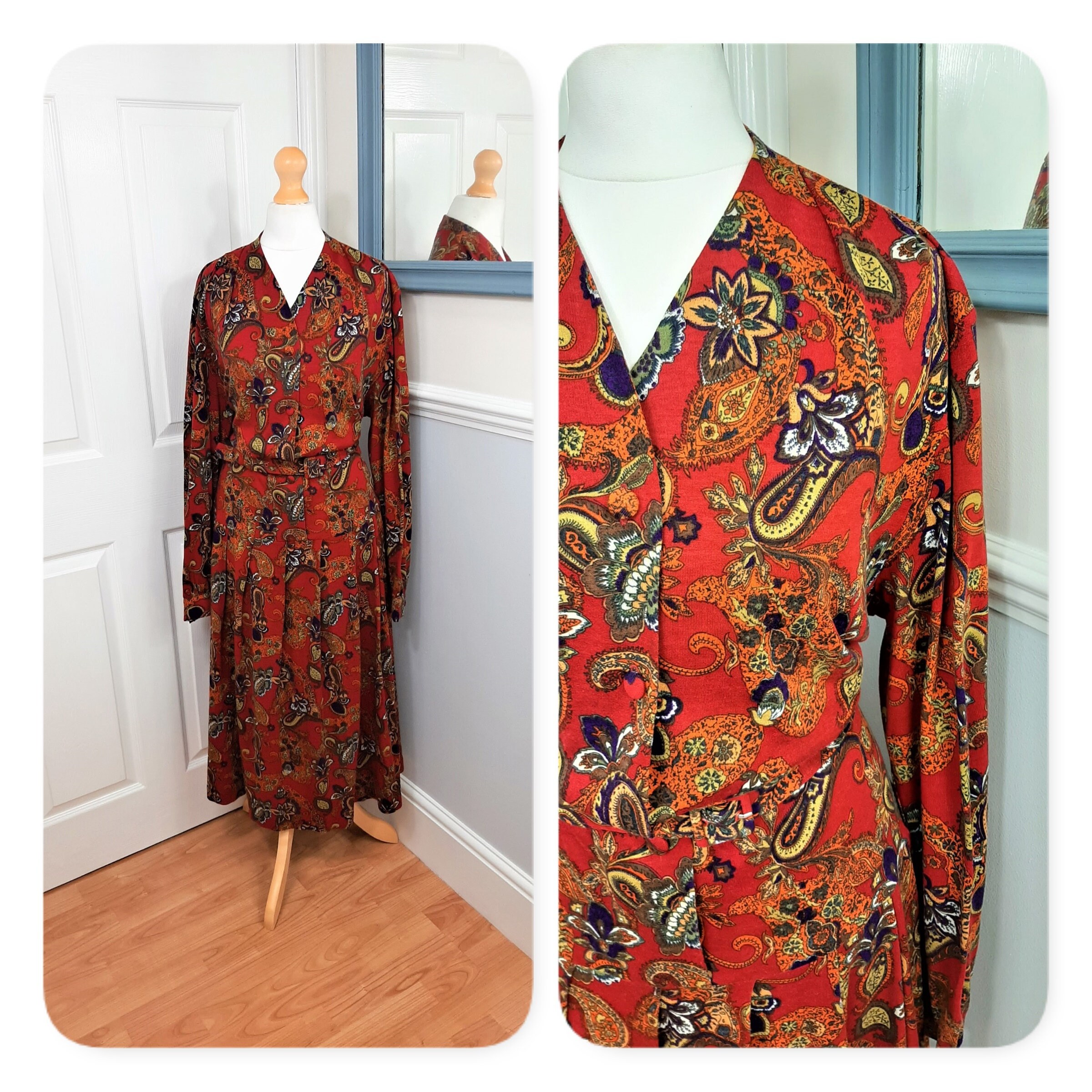 Image of Beautiful 's Autumnal Deep Red Paisley Print Woven Button Front Belted Maxi Dress. Uk Plus Size X Large. Chic, Boho, Retro, Kitsch, Cute