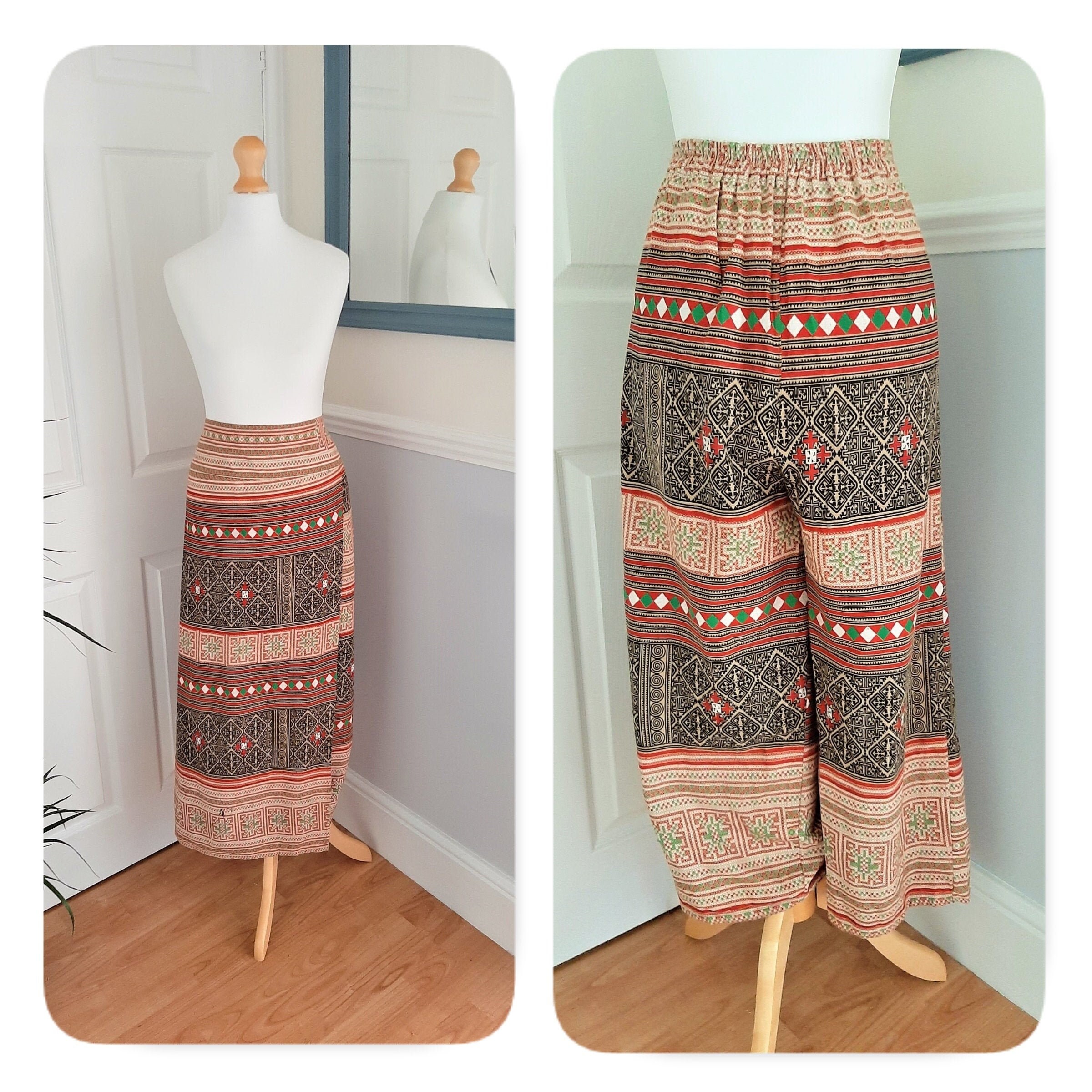 Image of Vintage 's 's Red Cream Black Woven Cotton Geometric Stripe Wrap Skirt Culottes. Uk Size Small. Retro, Boho, Chic, Hippie, Ethnic