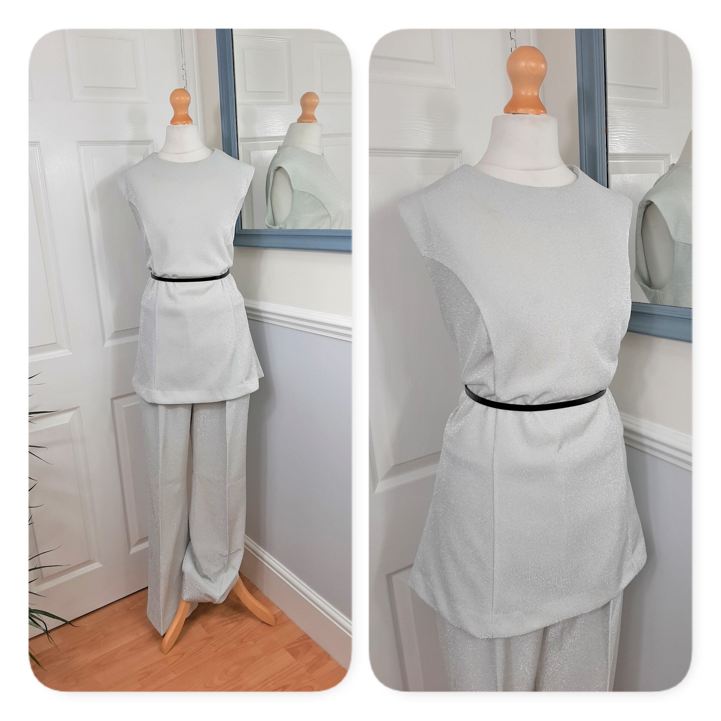 Image of Funky S Silver Sparkle Flared Crimplene Trousers & Tunic Uk M. Glam Disco Retro Chic