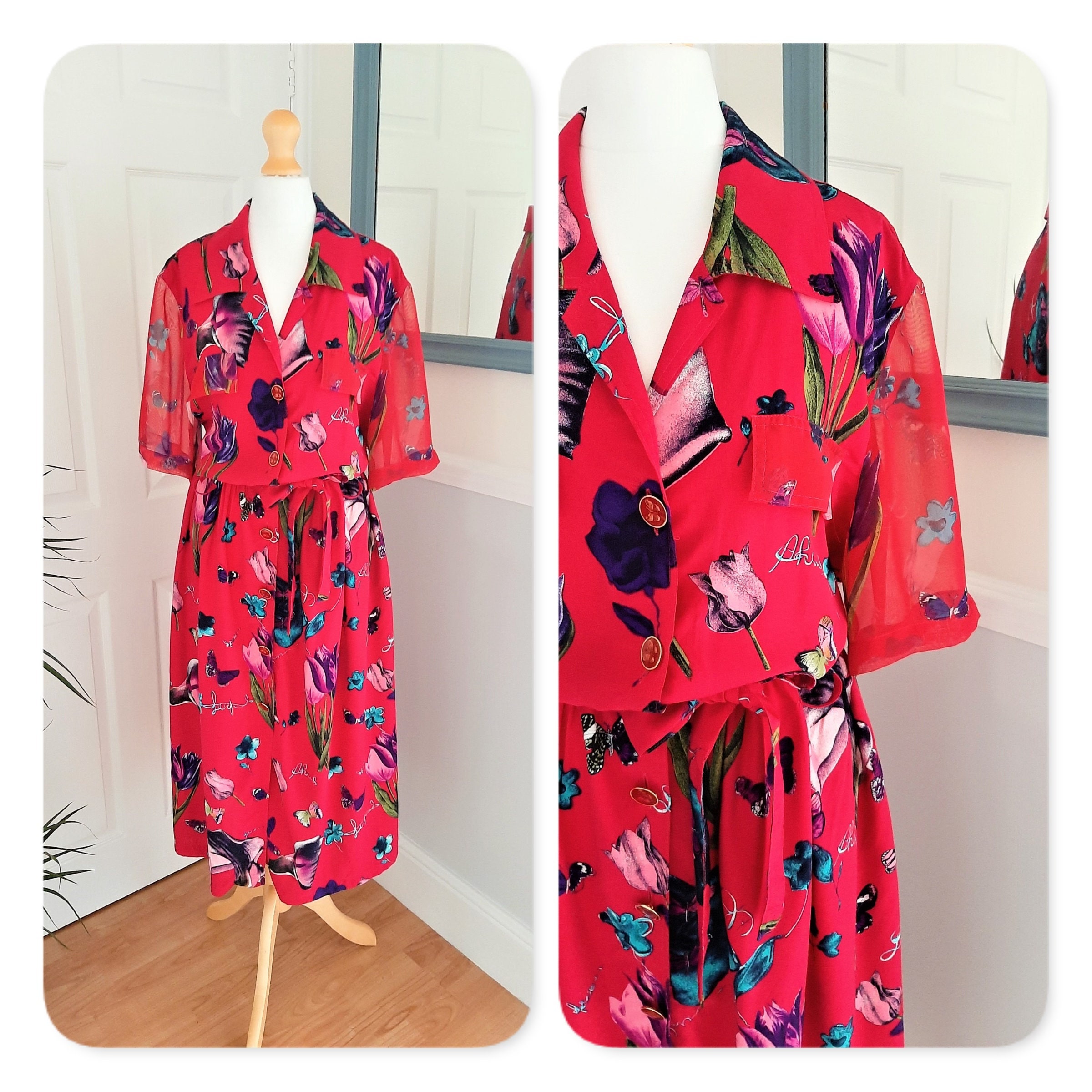 Image of Beautiful 's 's Bright Pink Butterfly Floral Print Belted Collared Button Front Maxi Dress Uk Size Medium /Large Retro, Chic, Kitsch