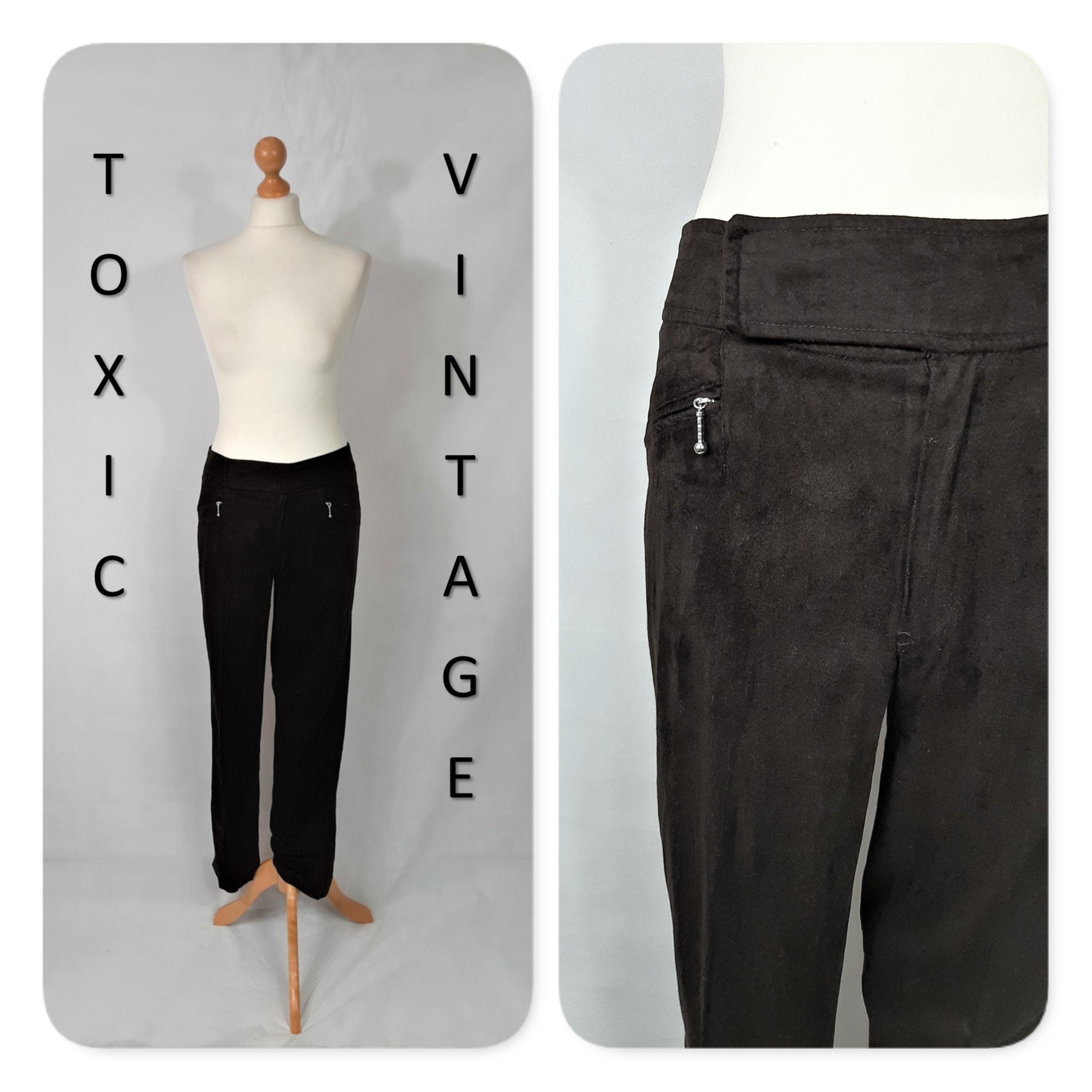 Image of Vintage 's 's Dark Brown Soft Touch Stretch Tapered Leg Trousers. Uk Size Medium. Retro, Preloved, Kitsch, Preppy, Workwear, Chic