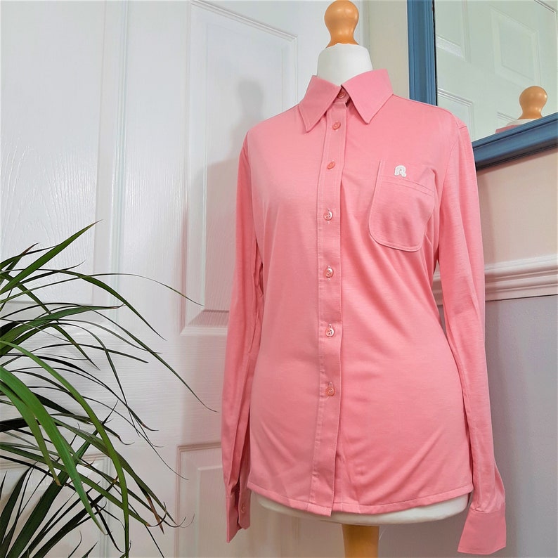Preppy Elegant Chic 1970/'s Rose Pink Dagger Collar /'Creation Hauber/' Embroidered R Blouse Classic Cute 12 Pretty Mod Uk Size Medium