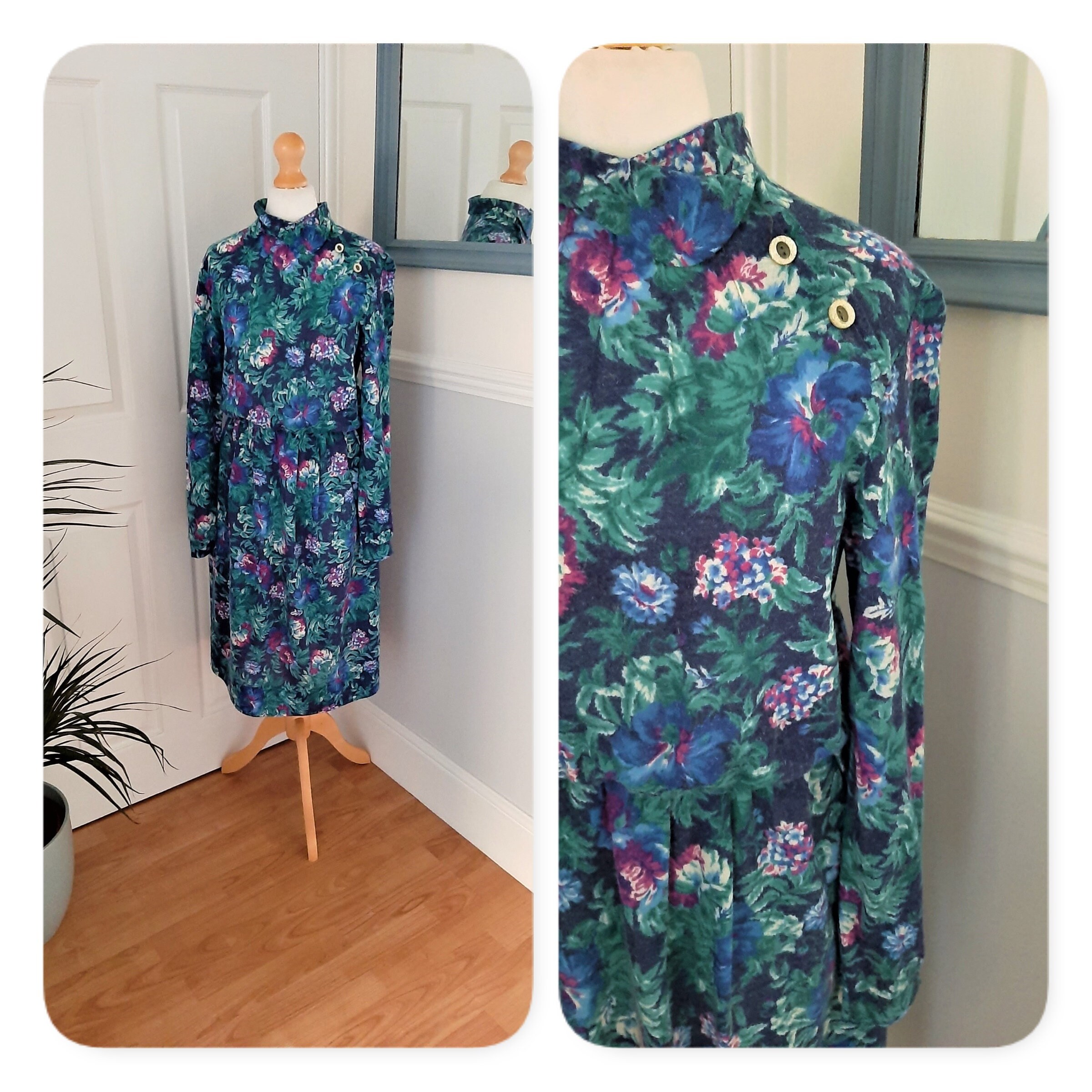 Image of Beautiful 's Green Blue Purple Floral Roll Collar Button Shoulder Tea Dress. Uk Size Medium/Large. Retro, Chic, Kitsch, Pretty, Preppy