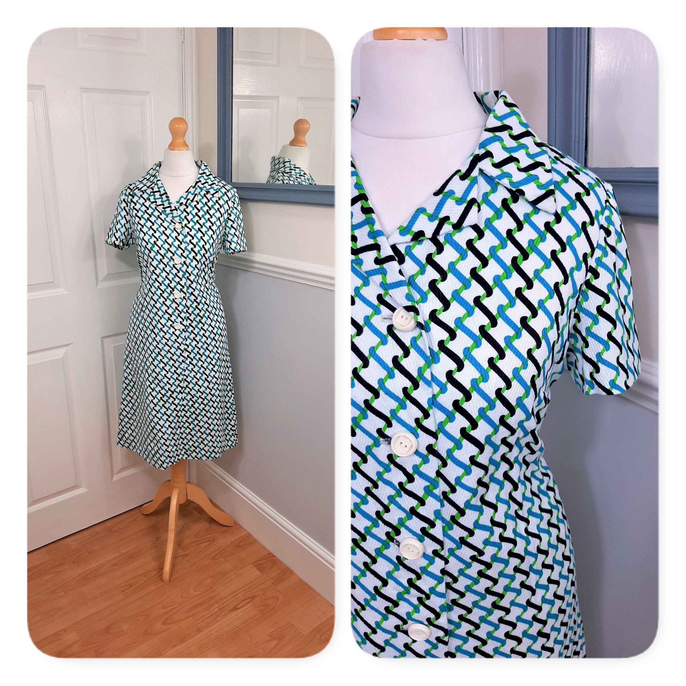 Image of Beautiful 's White Blue Green Geometric Helix Print Textured Notched Collar Shift Dress. Uk Size Small /Medium. Twiggy, Mod, Gogo, Retro