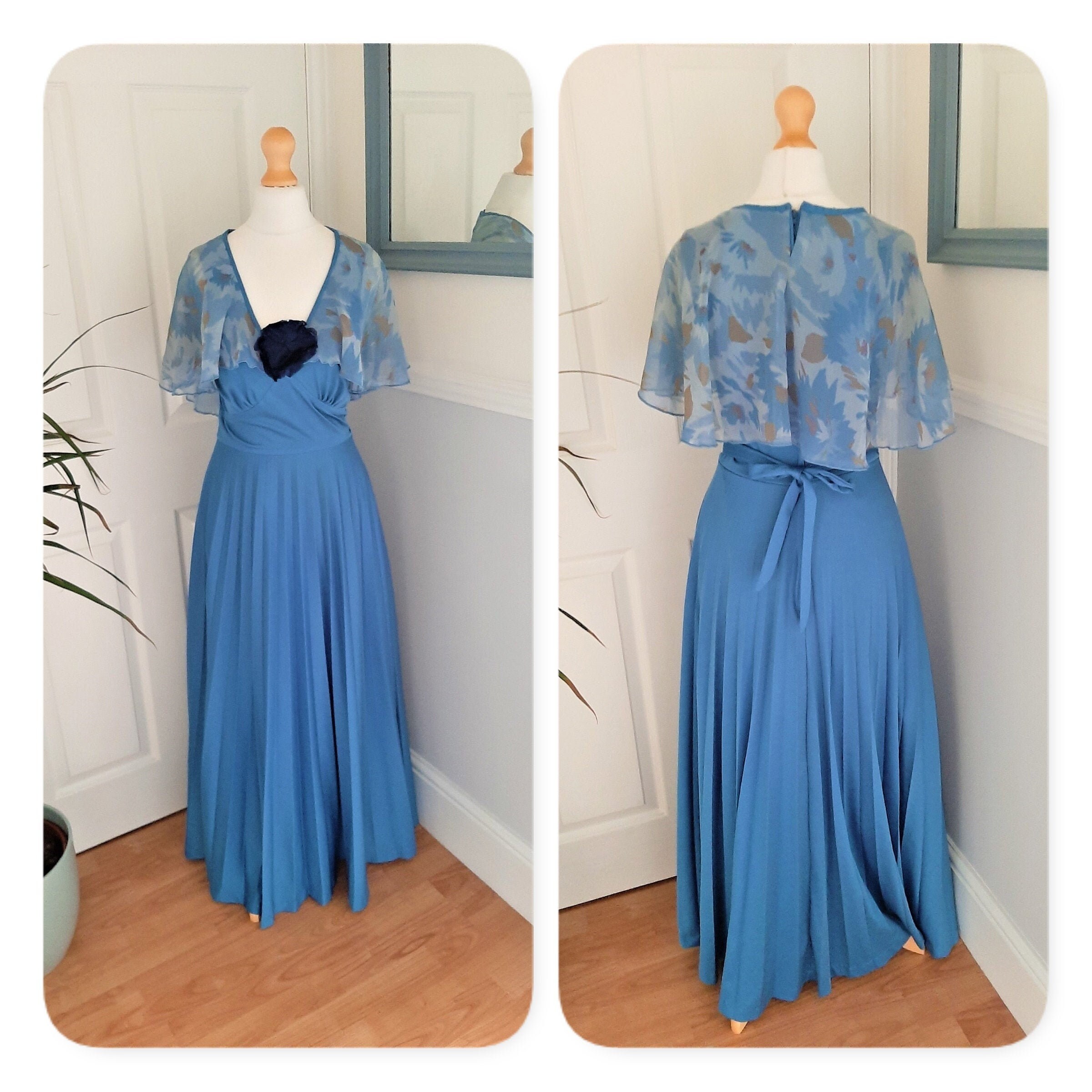 Image of Beautiful 's Blue Abstract Floral Pleated Corsage Cape Maxi Dress. Uk Size Medium. Chic, Retro, Preppy, Pretty, Occasion, Elegant, Cute