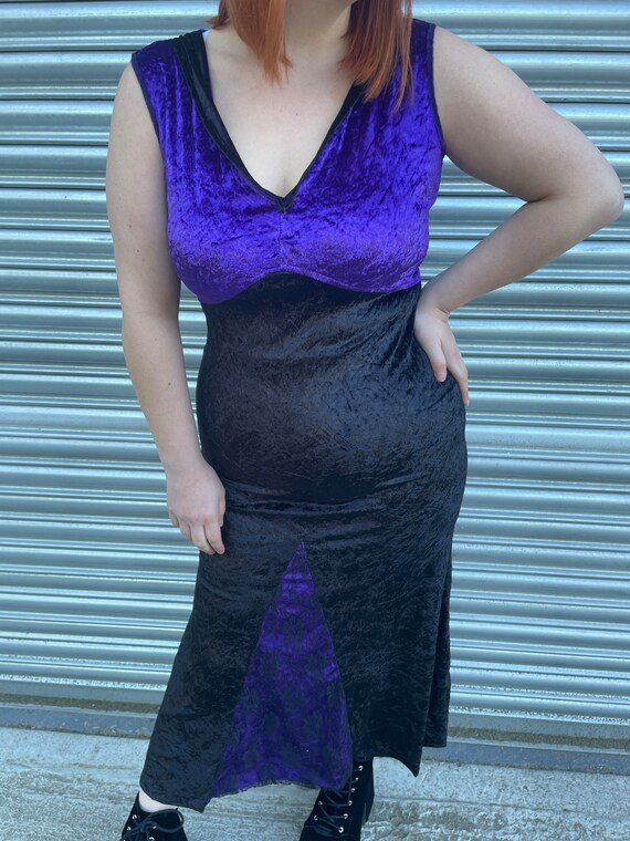 1990s Black Purple Lace Velvet Maxi Dress. UK 10-… - image 3