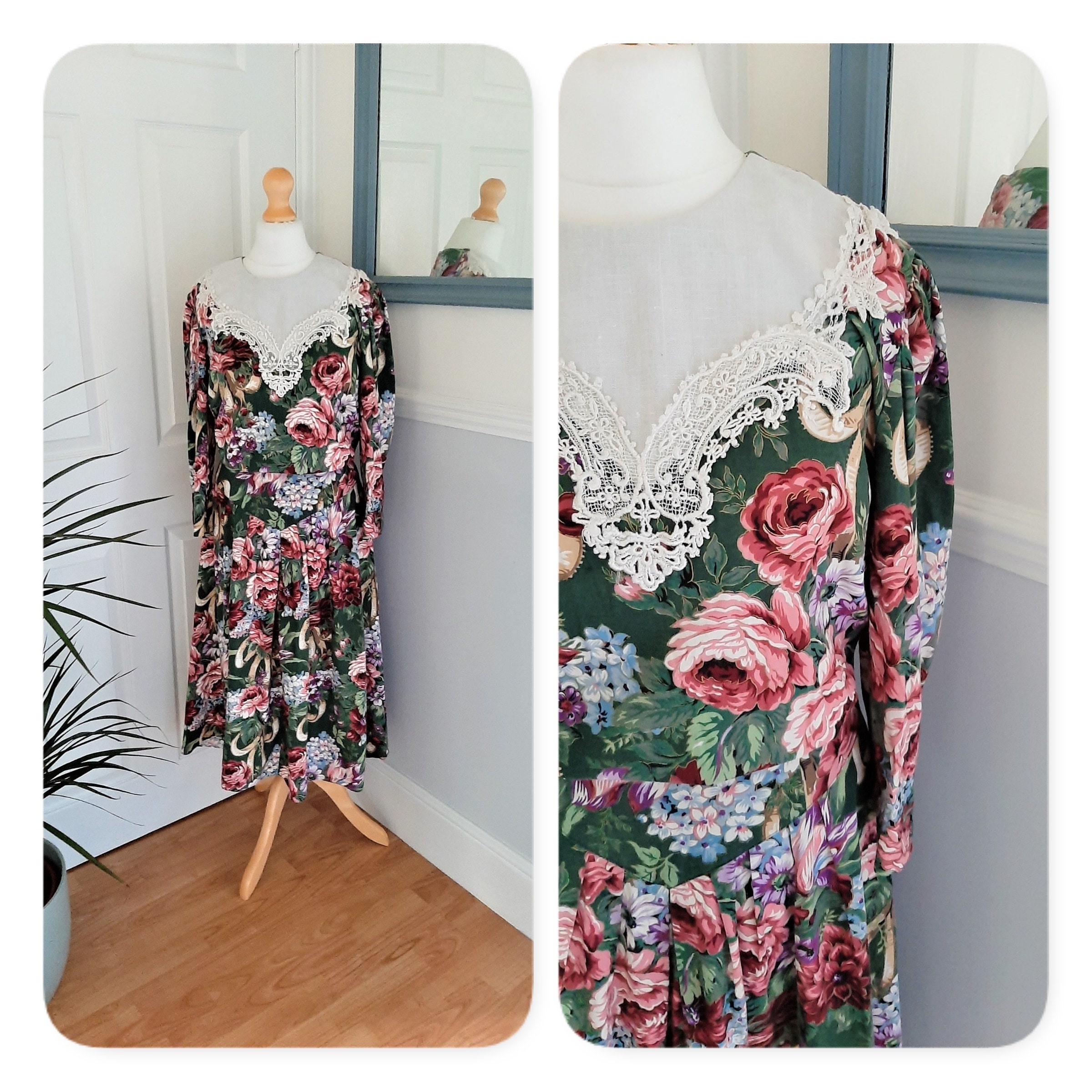 Image of Beautiful 's Dark Green Pink Blue Rose Floral Bib Collar Pleated Midi Dress. Uk Size Medium. Retro, Kitsch, Chic, Preppy, Pretty, Cute