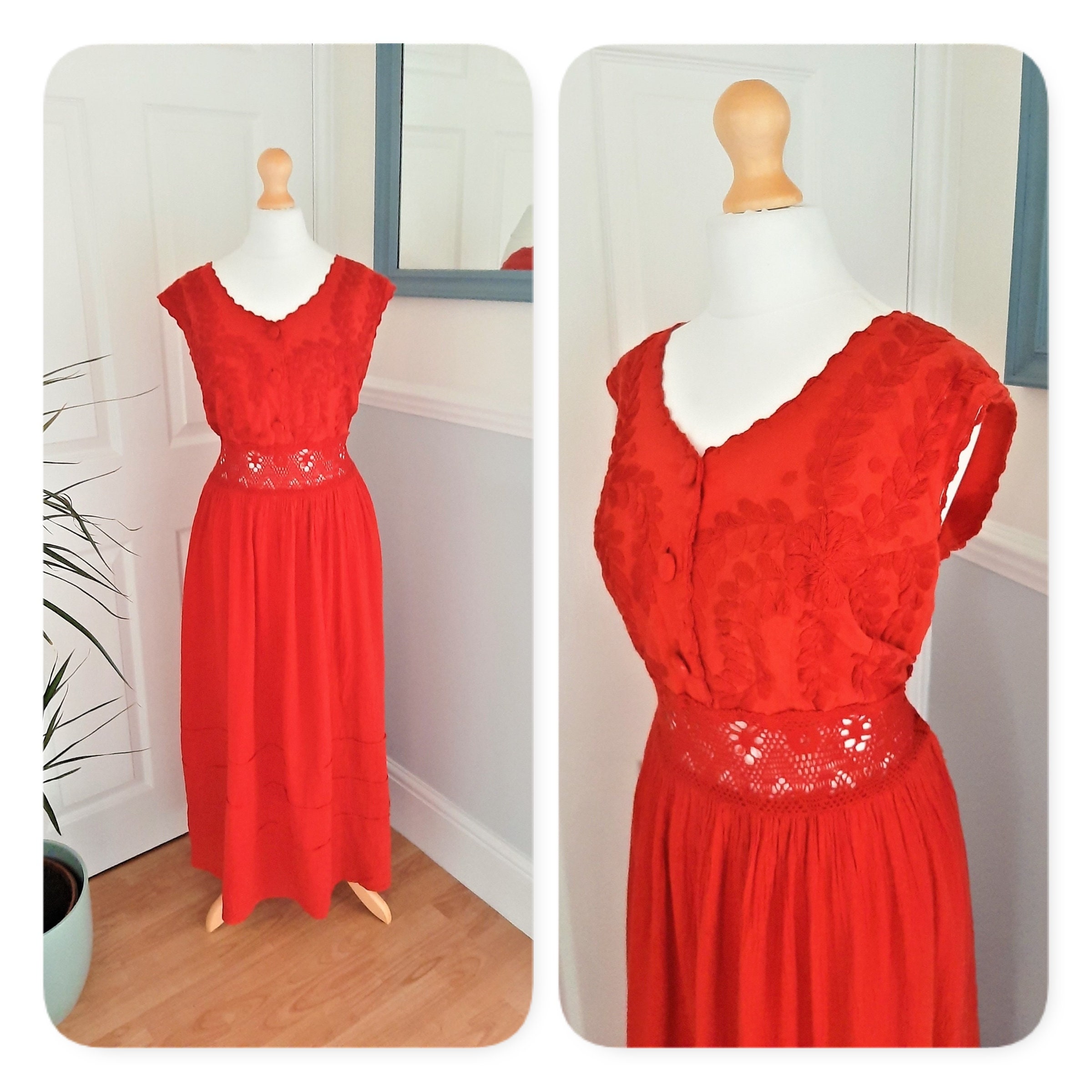 Image of Beautiful 's 's Deep Red Heavy Embroidered Crochet Trim Cotton Maxi Dress. Uk Plus Size Large. Boho, Chic, Retro, Pretty, Holiday
