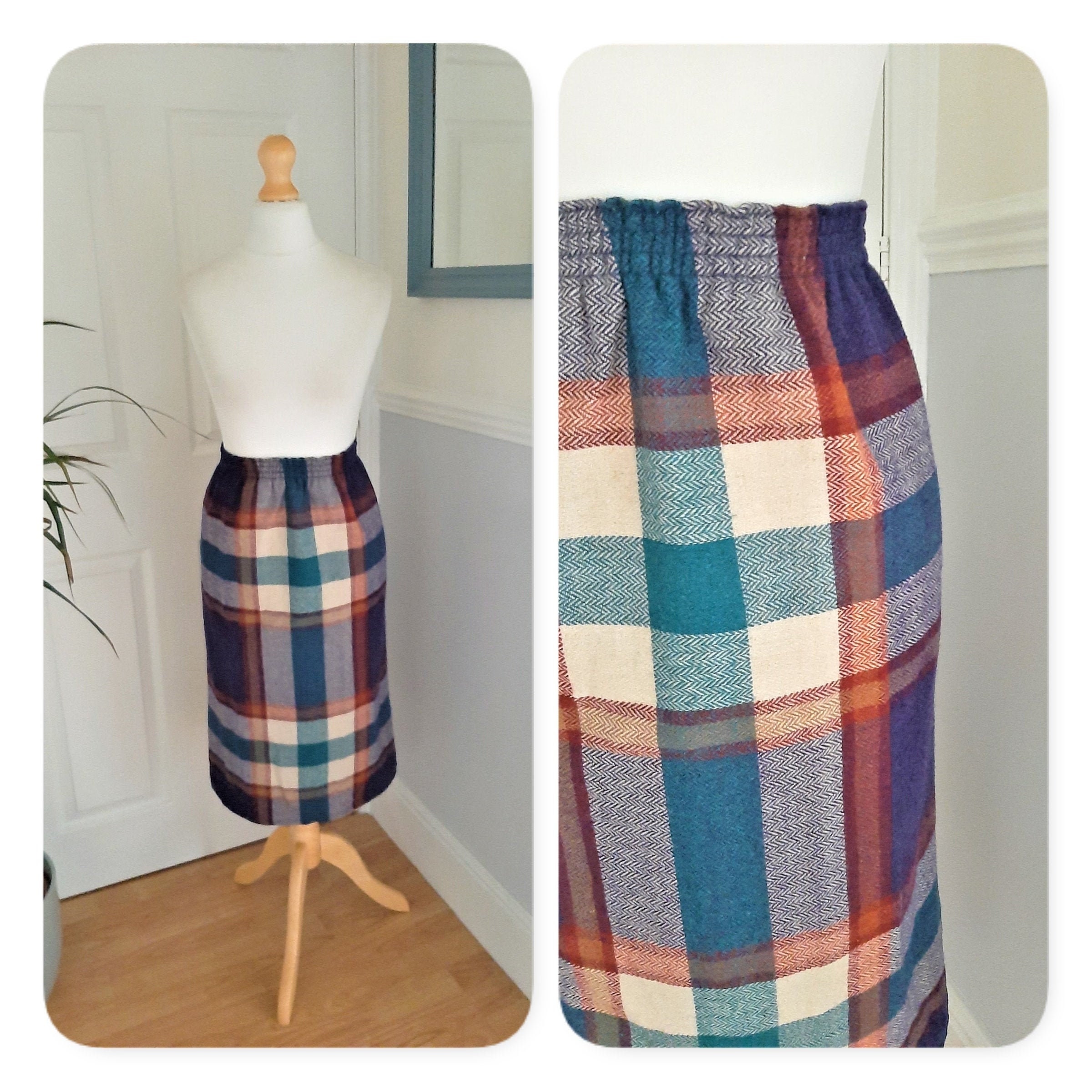 Image of Cute 's Blue Red Latte Plaid Checked High Waist Wool Blend Pencil Skirt. Uk Size Small. Retro, Boho, Cute, Chic, Preppy, Autumnal