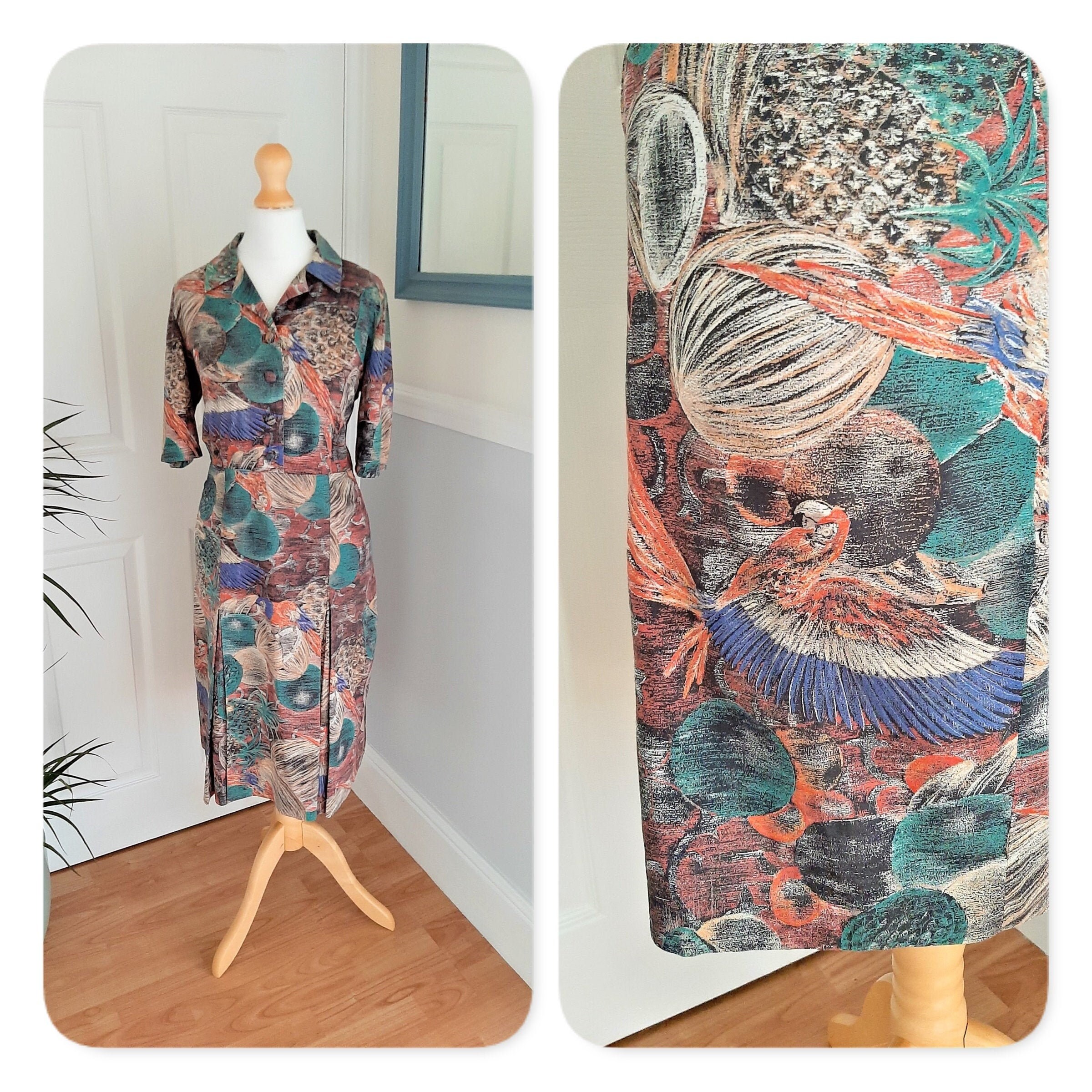 Image of Fabulous 's Blue Pink Parrot & Fruit Abstract Print Pleated Collared Tea Dress. Uk Size Medium. Retro, Quirky, Geek Chic, Cute, Funky