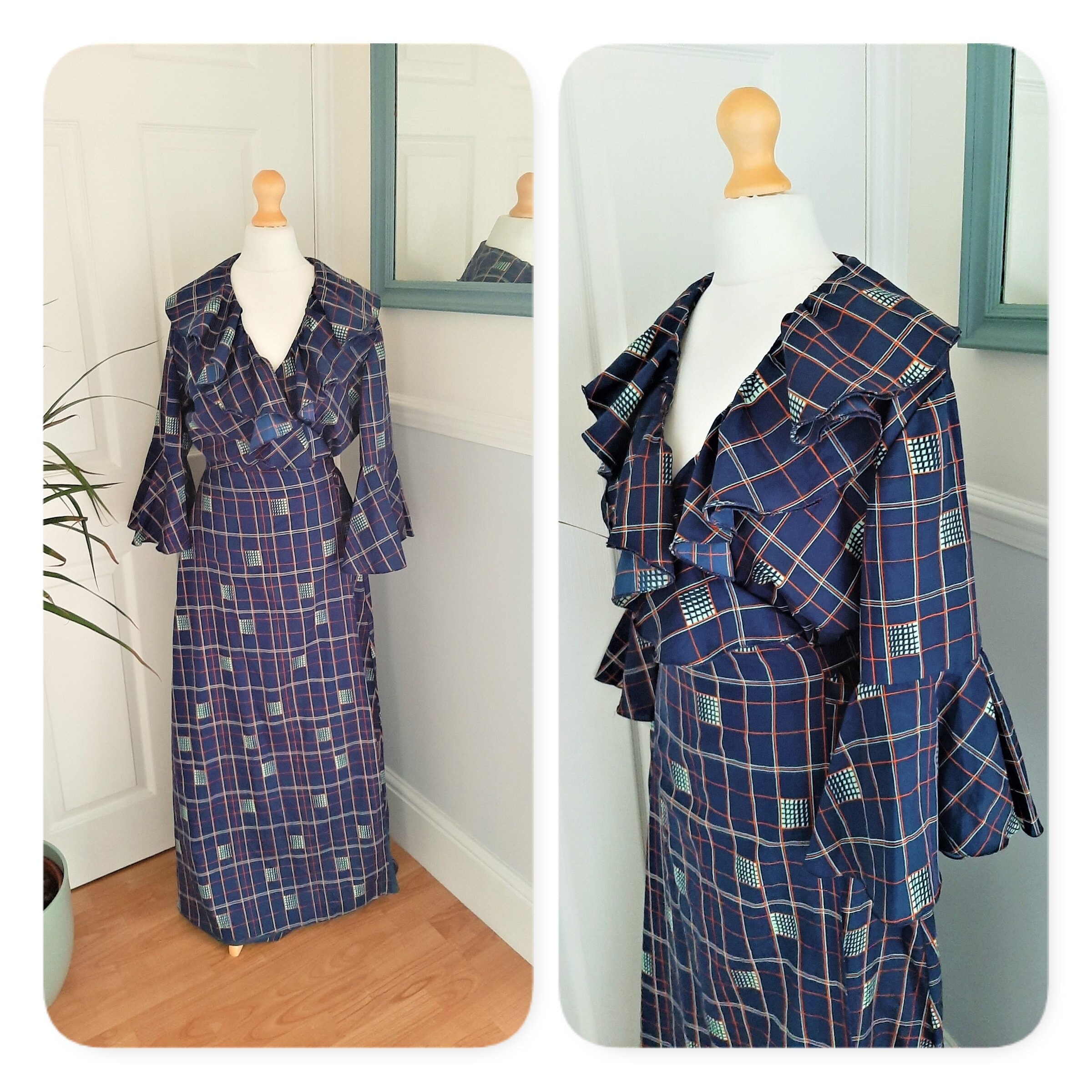 Image of Beautiful 's Navy Blue Plaid Geometric Frill Fluted Sleeves Wrap Maxi Dress. Uk Size Medium. Retro, Boho, Chic, Glamour, Elegant, Disco