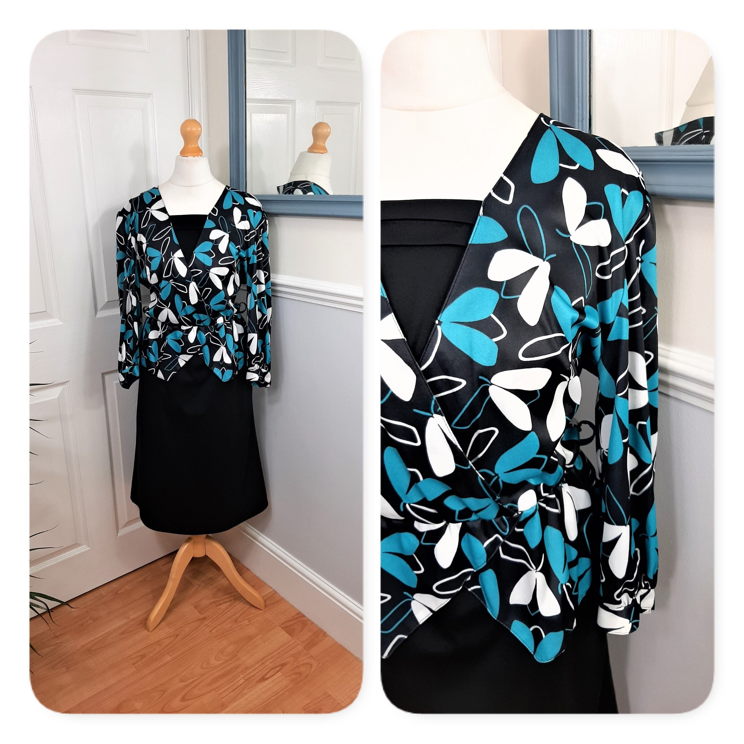 Image of Fabulous 's Black Teal White Floral Geometric Silky C&a Peplum Dress. Uk Size Medium. Retro, Kitsch, Funky, Glam, Chic, Eighties, Cute
