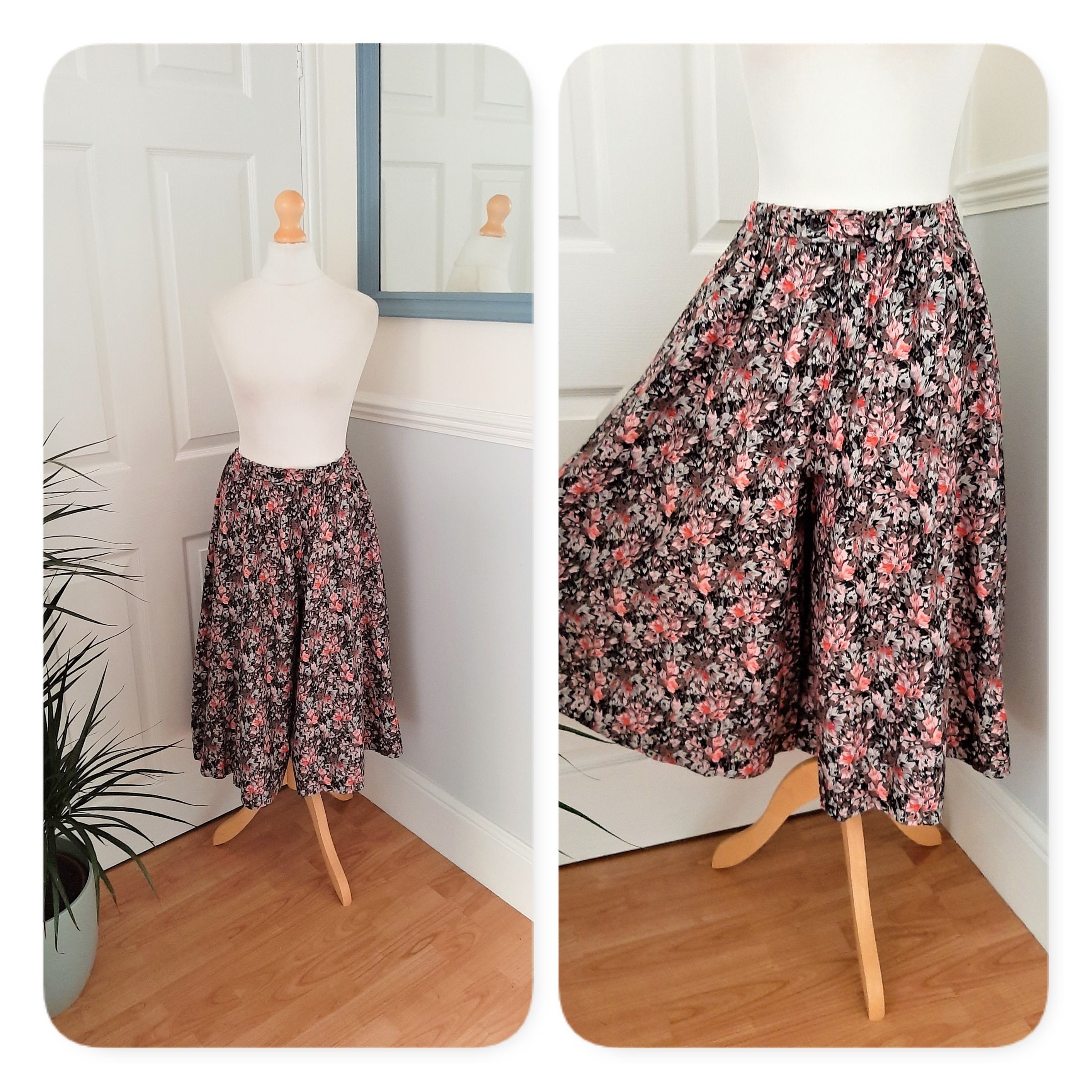 Image of Beautiful 's 's Pink Black Grey Ditsy Floral Print High Waisted Culottes. Uk Size Medium. Retro, Boho, Chic, Pretty, Preppy, Kitsch