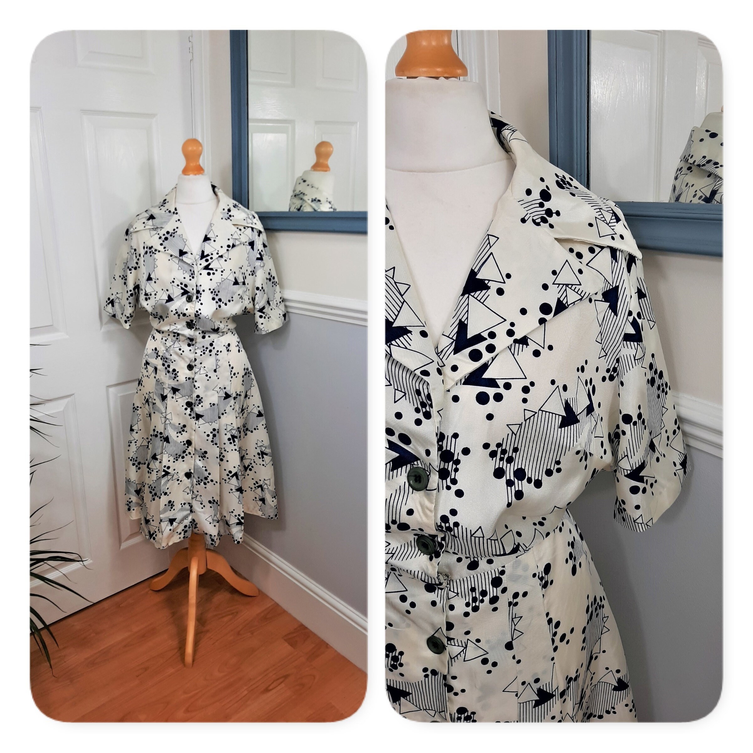 Image of Fabulous S White Funky Geometric Print Notched Collar Tea Dress Uk M Retro Mod