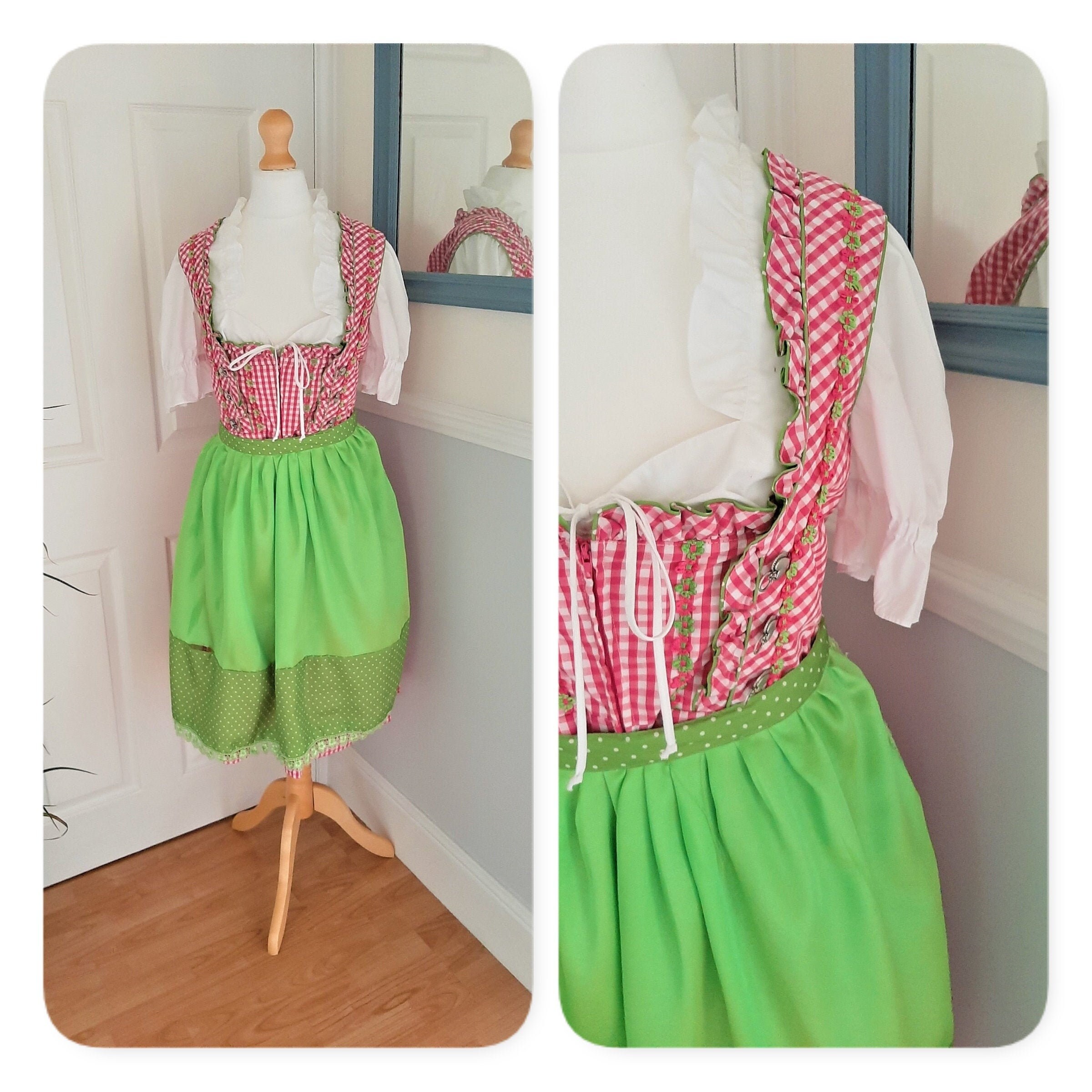 Image of Cute Vintage Bright Pink Green Gingham Polka Dot Dirndl Dress, Blouse & Apron. Uk Size Large. Retro, Bavarian, Tyrolean, Heidi, Traditional